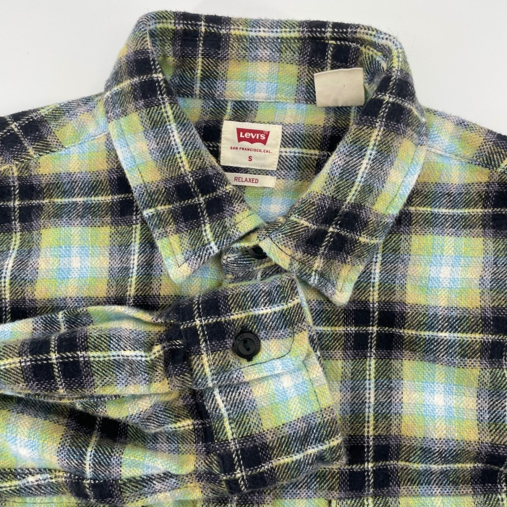 Levis Men's Relaxed Fit Flannel Shirt Small Green Blue Plaid Cotton Button Up